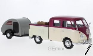Volkswagen . (T1) rouge/beige avec caravane et surf 1/24