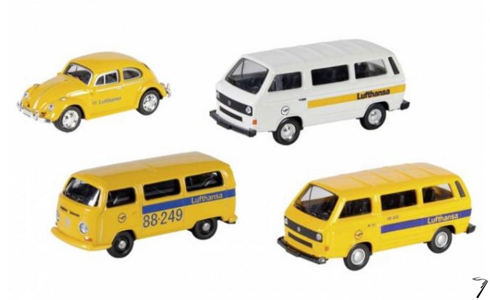 Volkswagen . Set de 4 mod�les Lufthansa : Coccinelle, T2 Bus, T3 Bus blanc et jaune 1/87